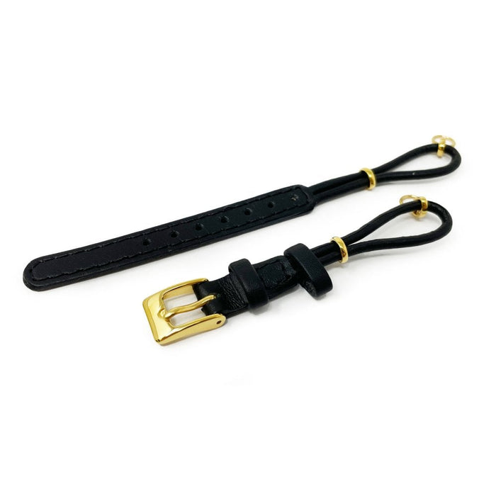 Black Leather Cordette Watch Strap with Gold Plated Buckle & Ring