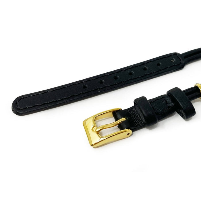 Black Leather Cordette Watch Strap with Gold Plated Buckle & Ring
