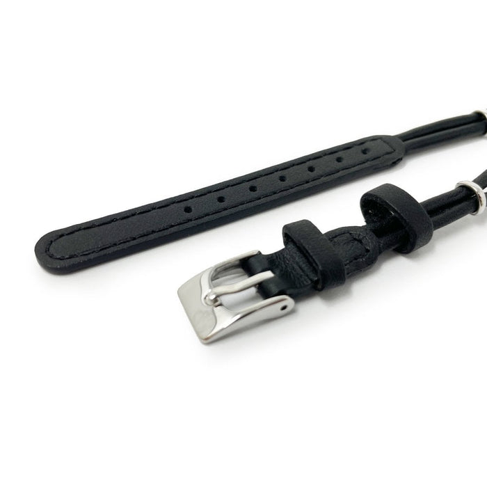 Black Leather Cordette Watch Strap with Stainless Steel Buckle & Ring
