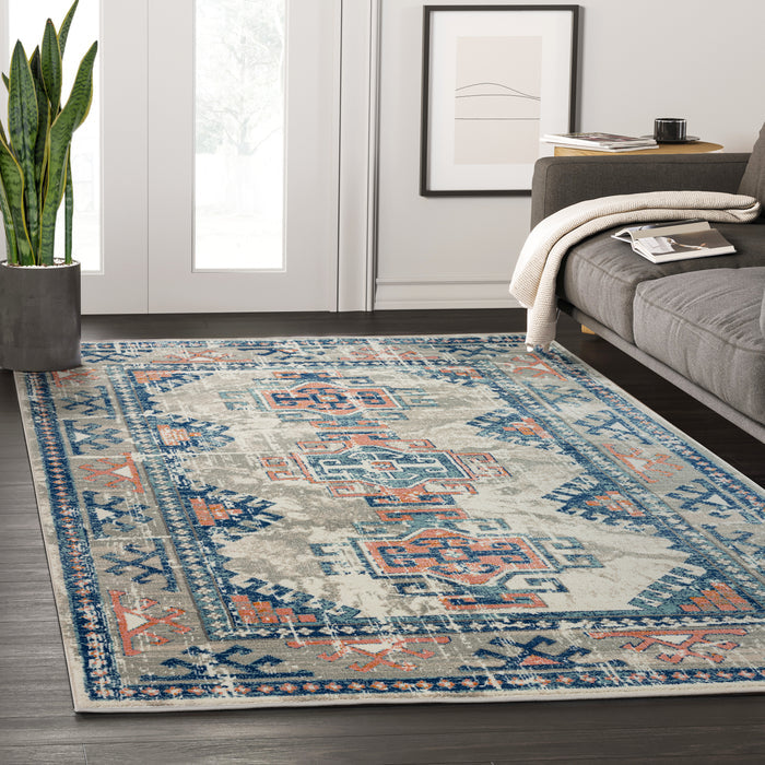 Porto Blue Orange Tribal 3 Medallion Rug