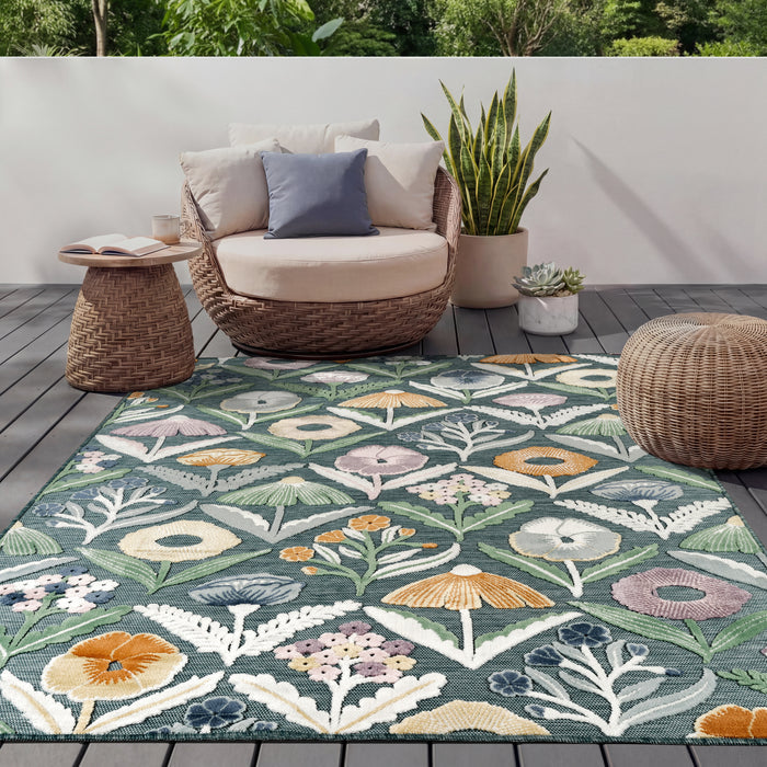 Sakura Garden Floral Indoor/Outdoor Teal Rug