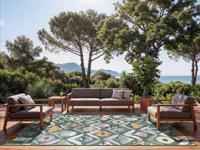 Sakura Garden Floral Indoor/Outdoor Teal Rug